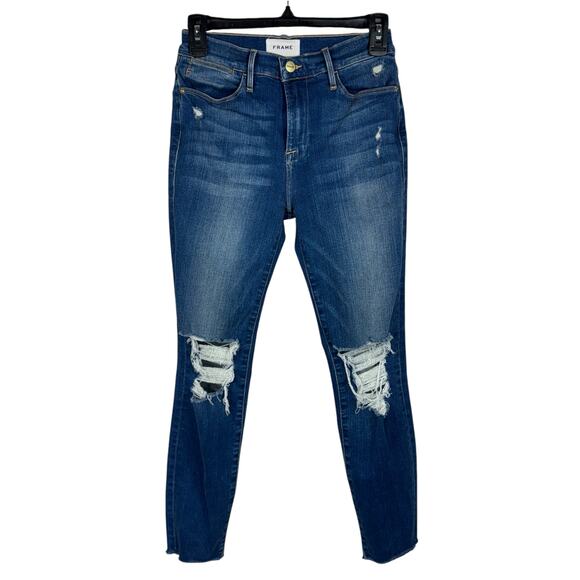 FRAME SZ 26 Le High Skinny Crop Jeans Distressed Zip-Fly Mid-Rise Fray Gaby Wash - Picture 1 of 11